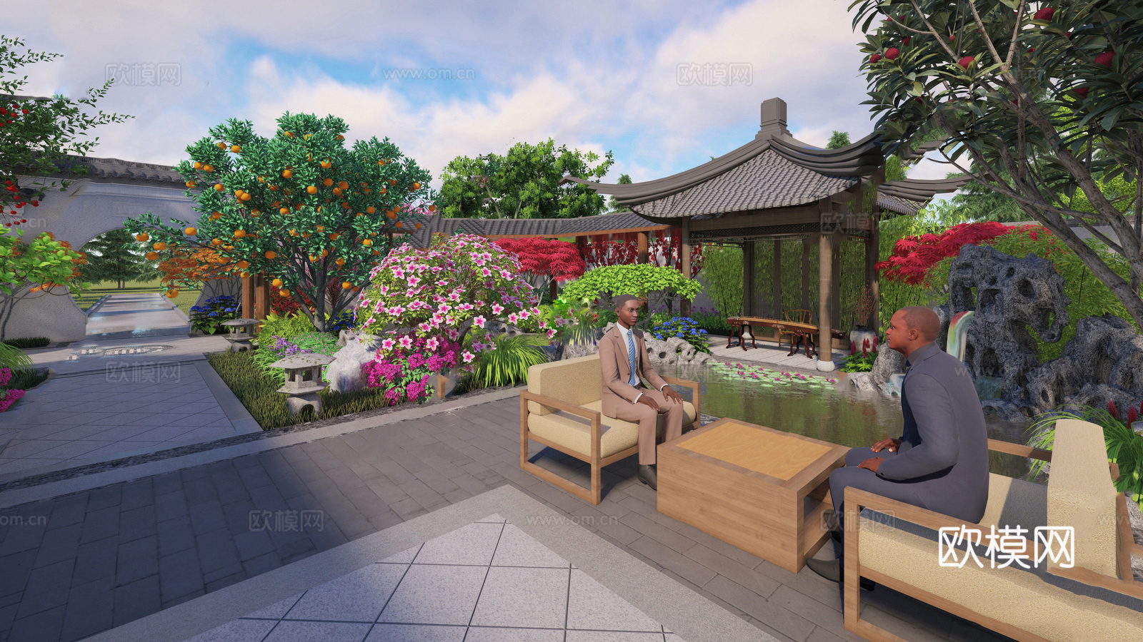 新中式庭院花园   庭院景观su模型