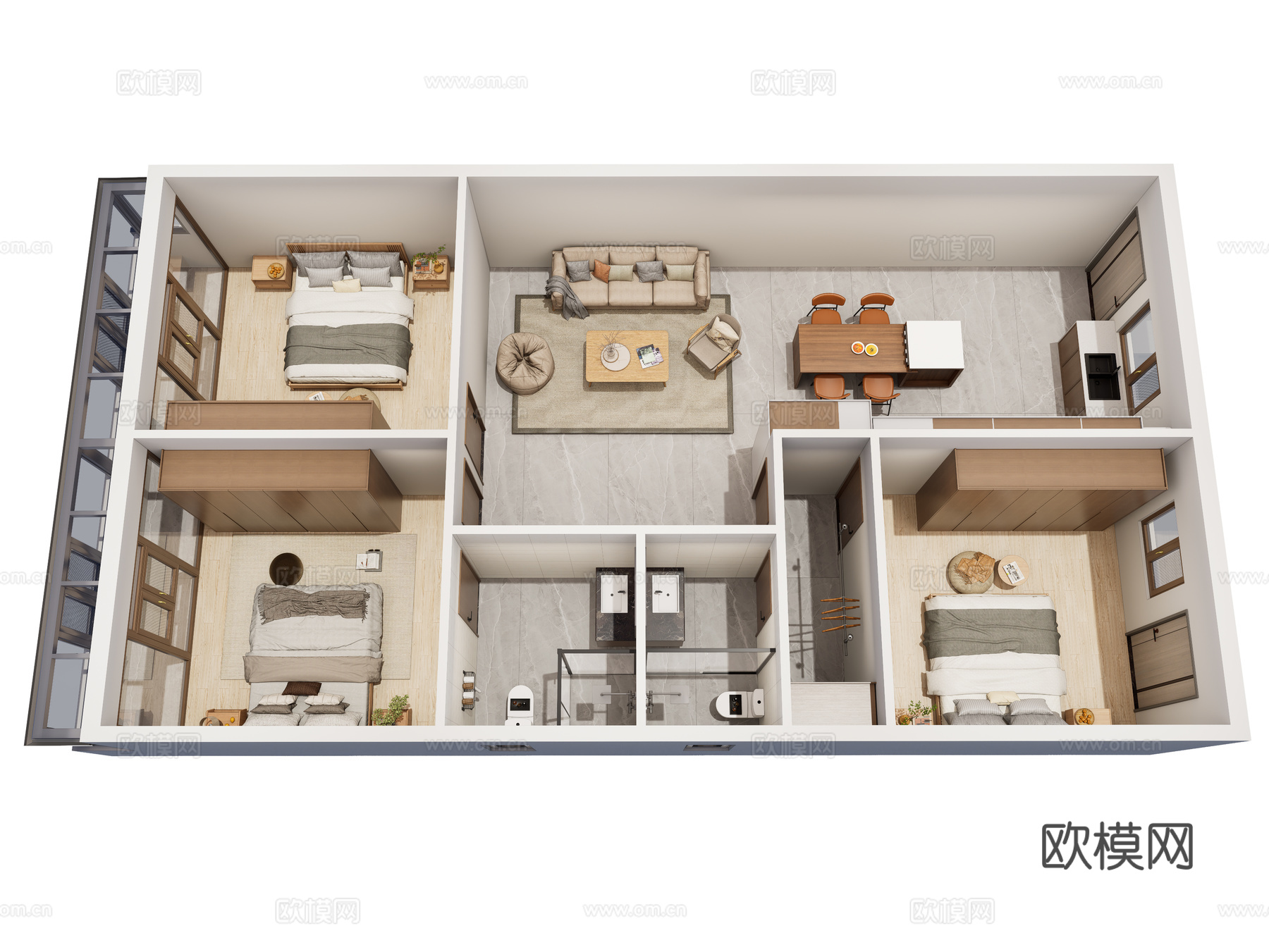 日式整体家装鸟瞰 样板房 日式家装风格 日式挂画 整体家具su模型