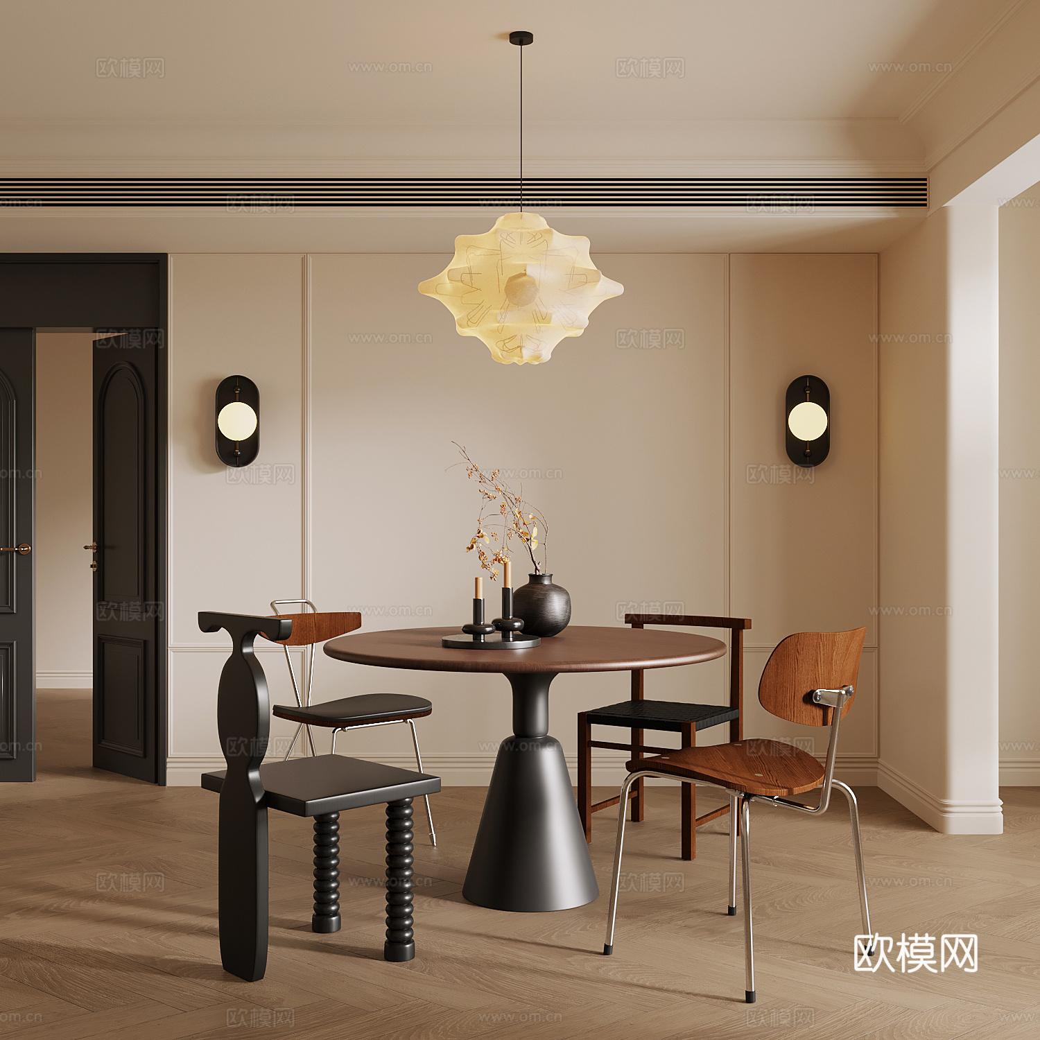 中古风餐桌椅su模型