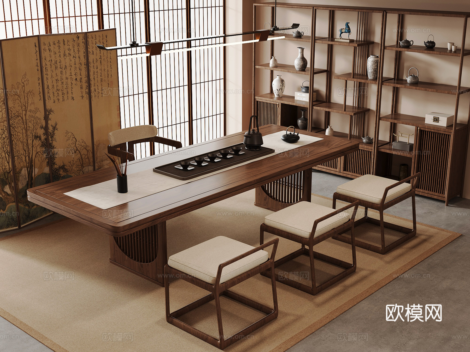 新中式茶室 茶桌椅 博古架3d模型下载
