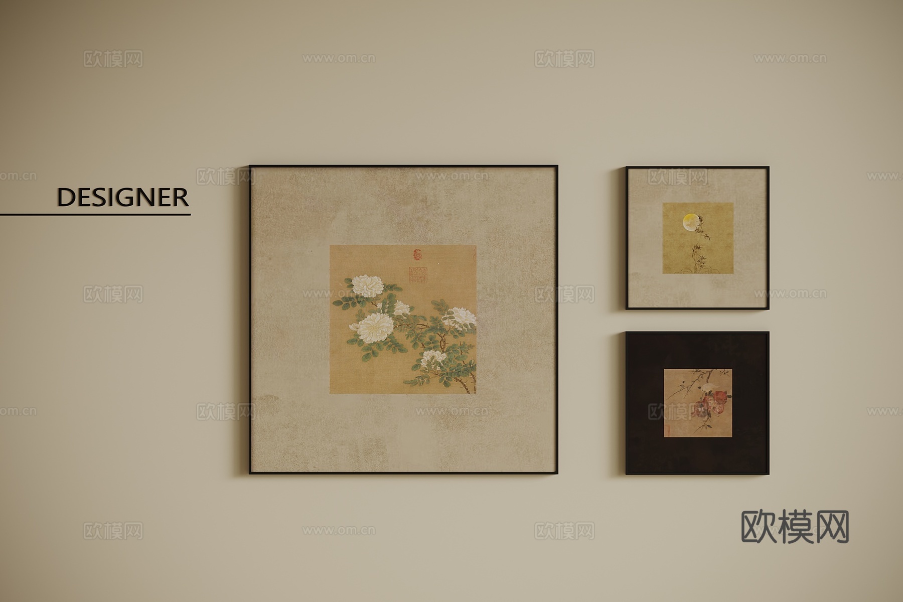 中古风挂画 新中式装饰画su模型