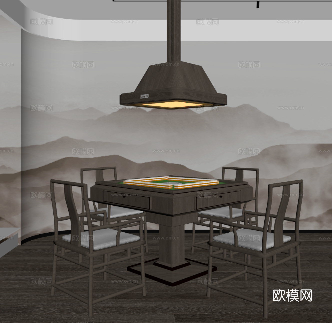 新中式麻将桌 棋牌室 麻将室su模型