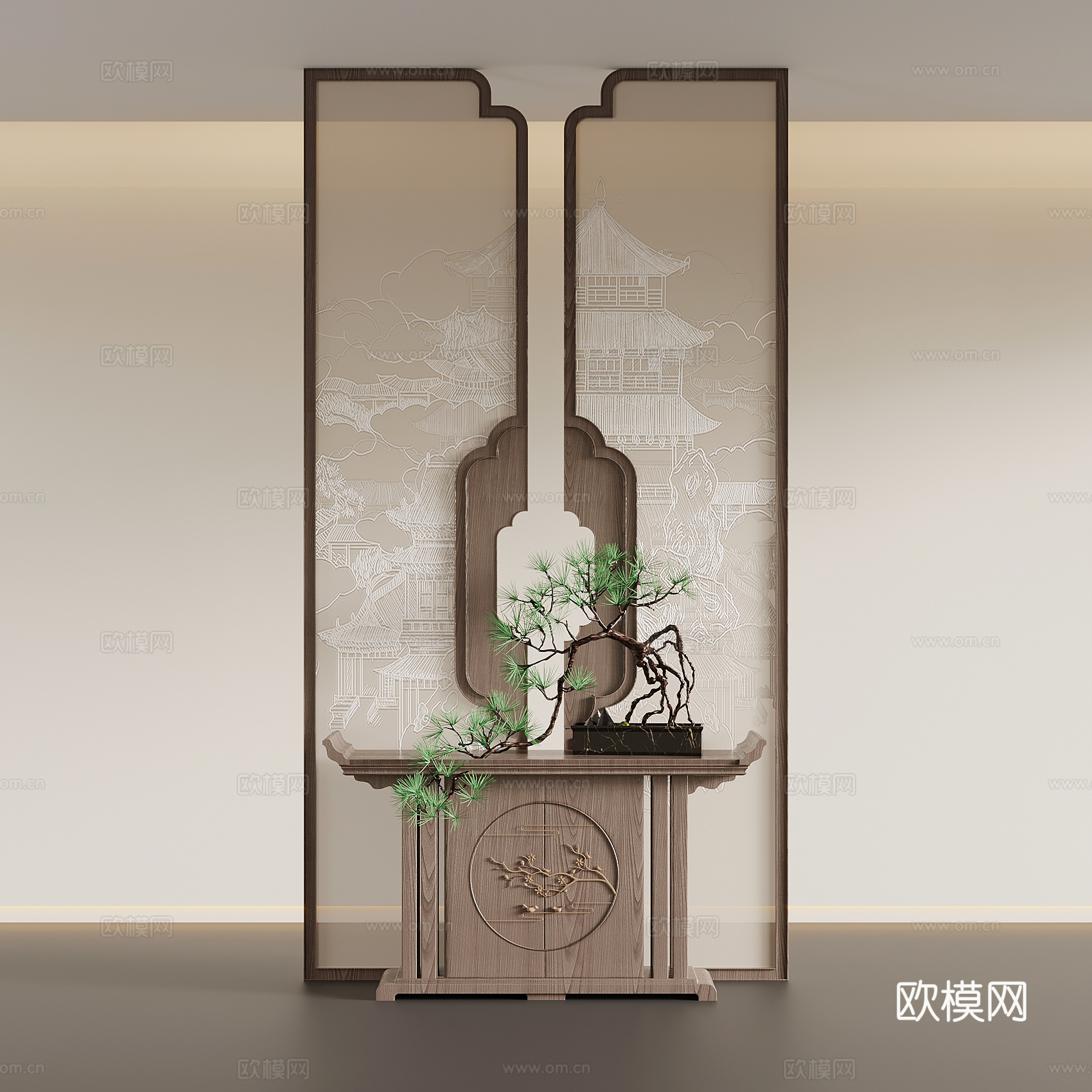 新中式玄关隔断 端景柜su模型