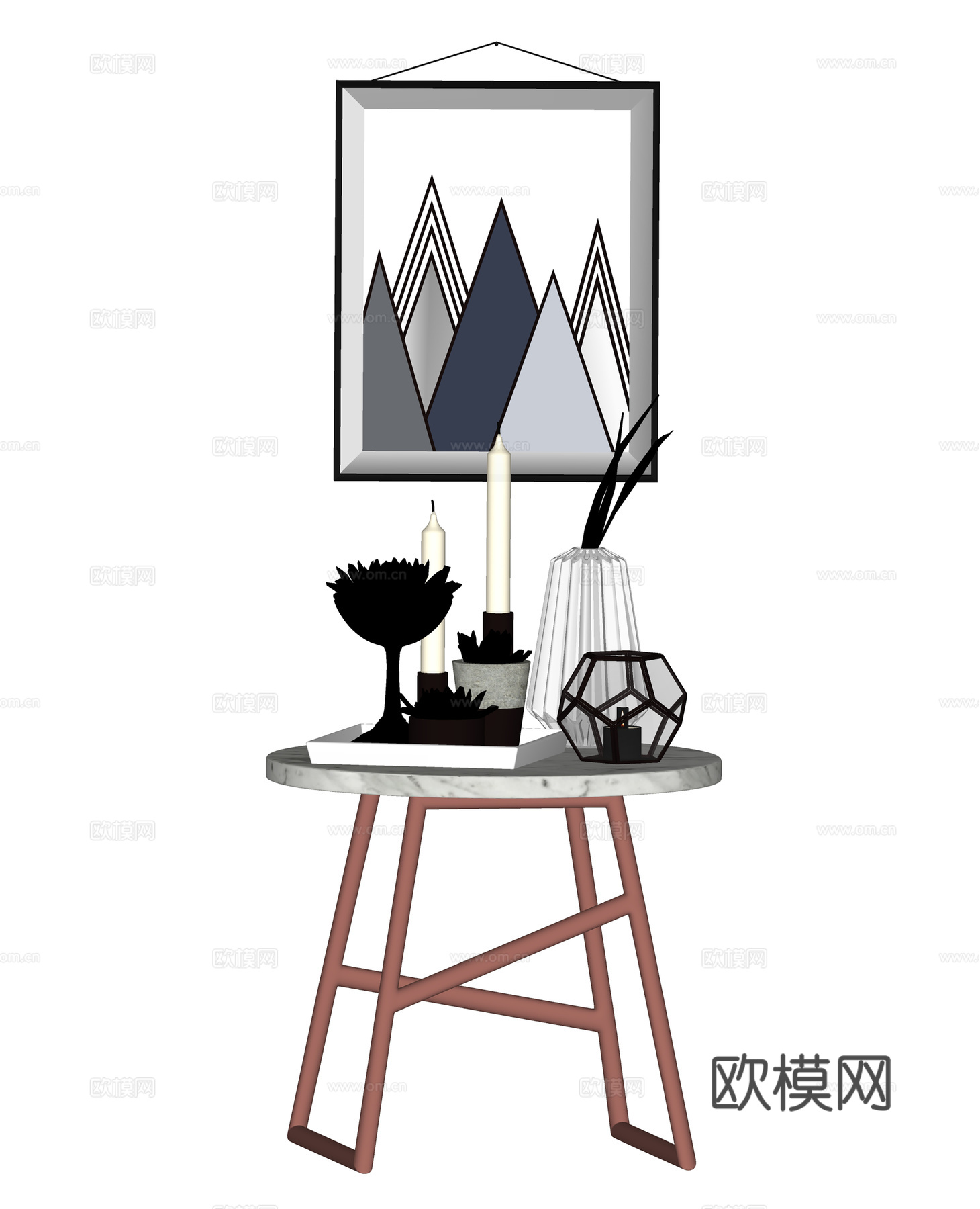 现代摆件  桌面饰品 圆几边几 挂画绿植su模型