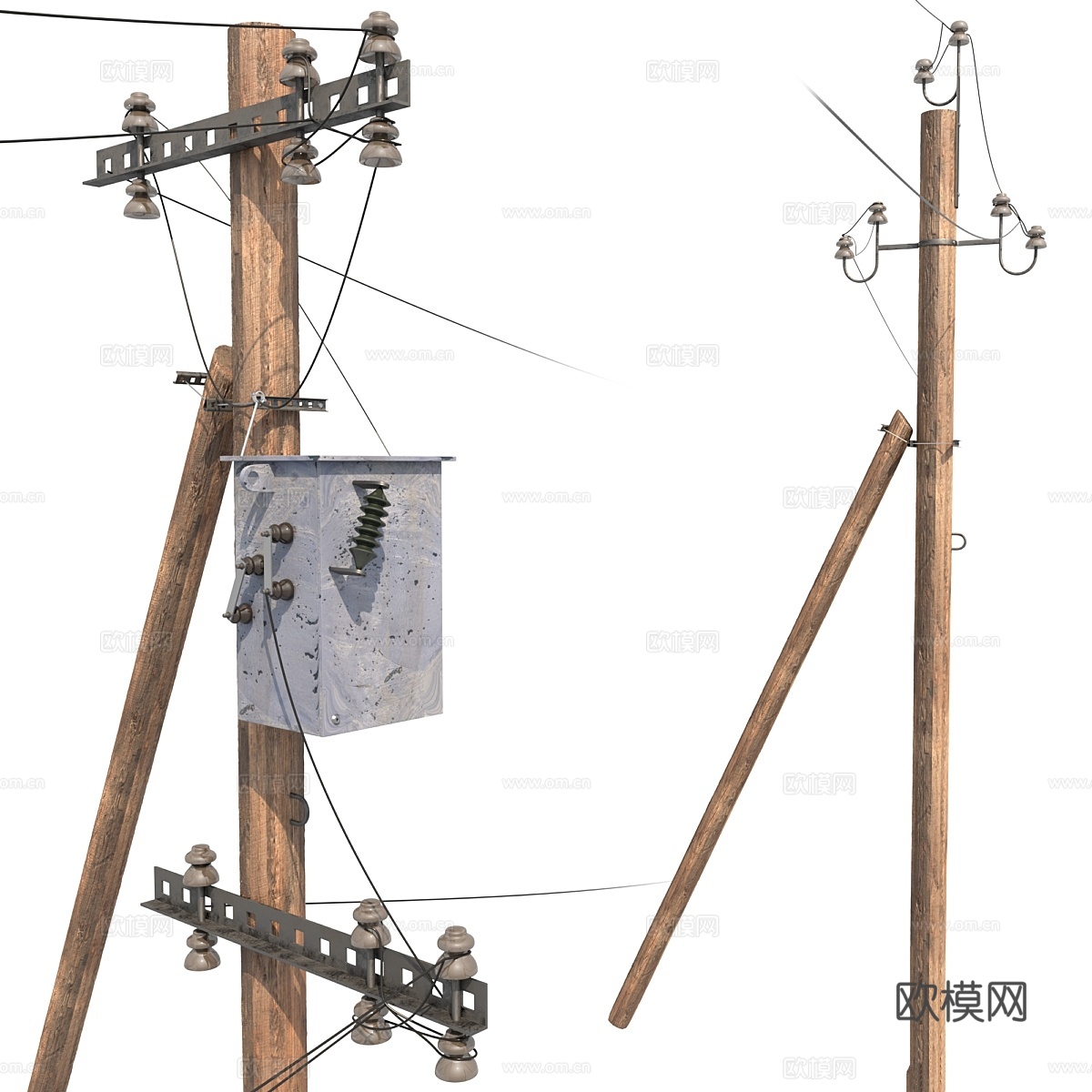 木质输电杆带电线3d模型下载