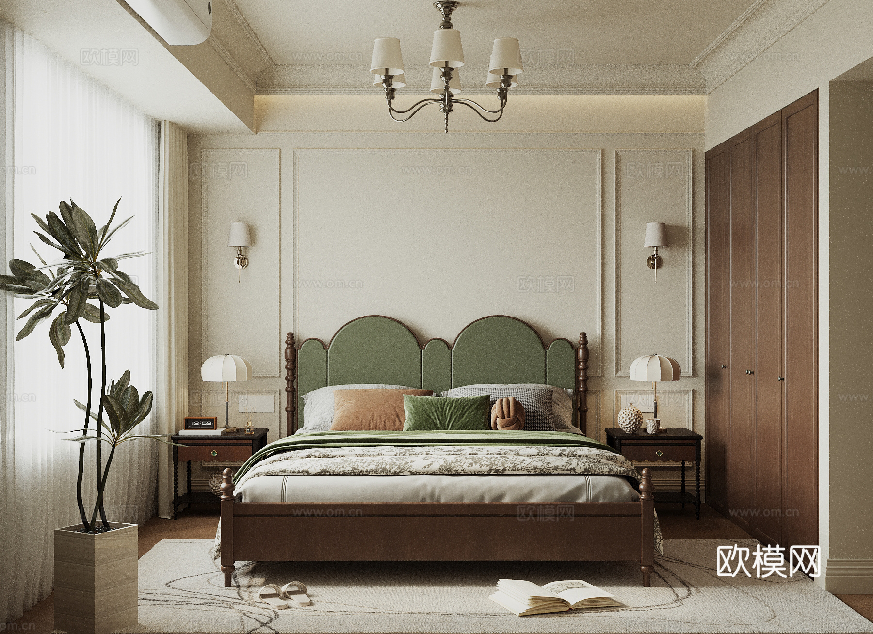 法式中古风卧室 双人床 床头柜 衣柜3d模型下载