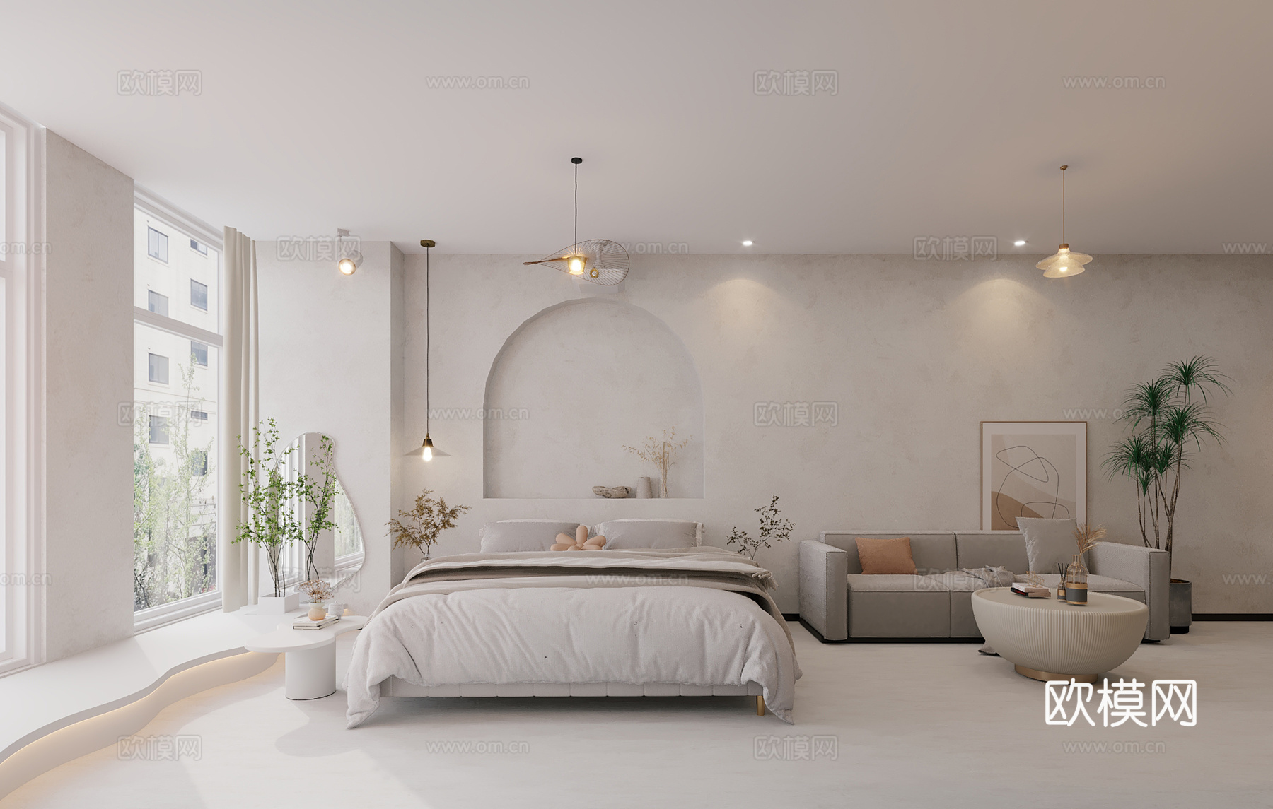 奶油风公寓卧室客房3d模型下载