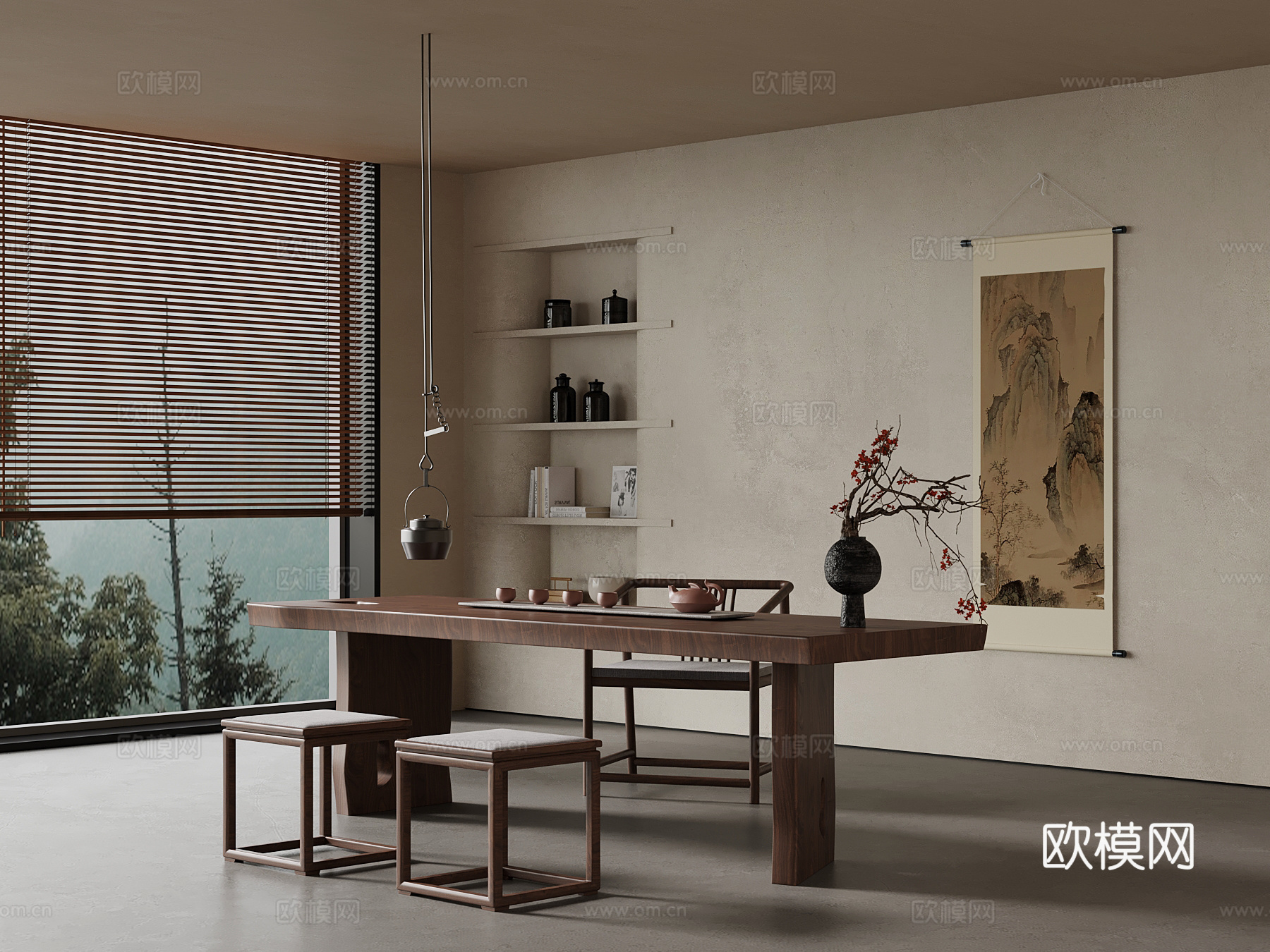 新中式茶室 茶桌椅 茶台 茶具su模型
