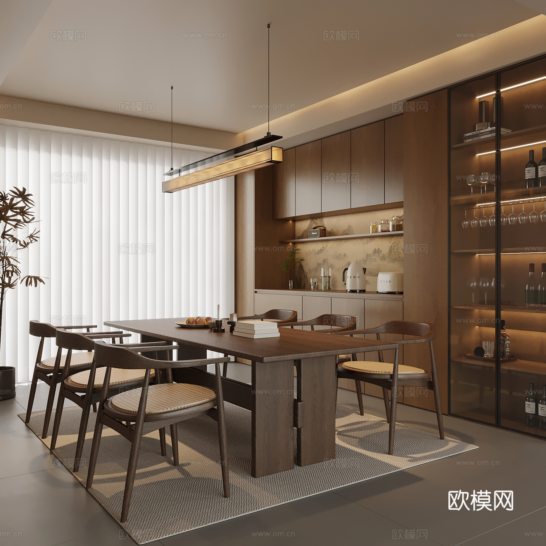 新中式餐厅 餐桌椅 备餐柜su模型