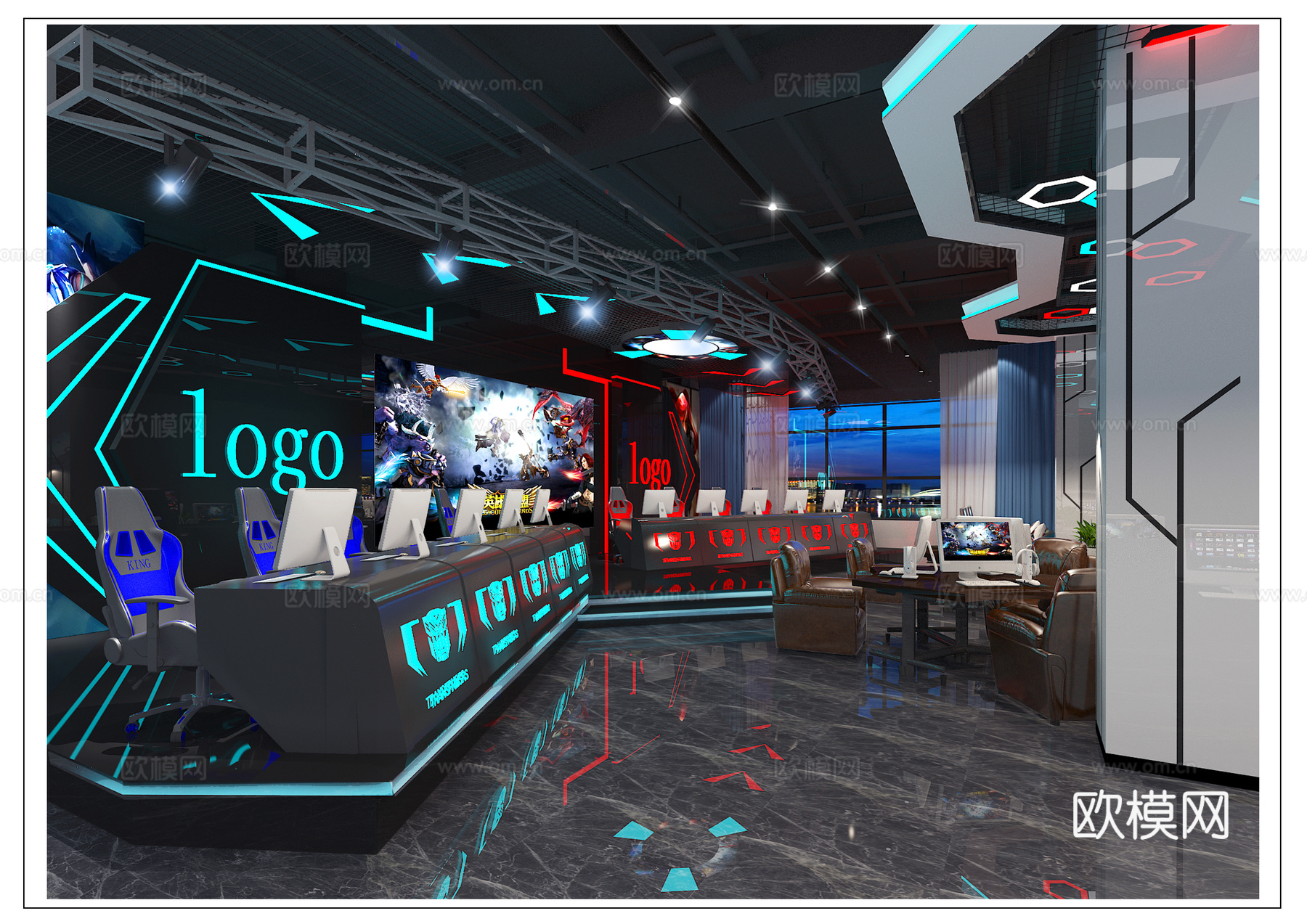 现代网咖网吧 电竞区竞技台 科技感 异行吊顶3d模型下载