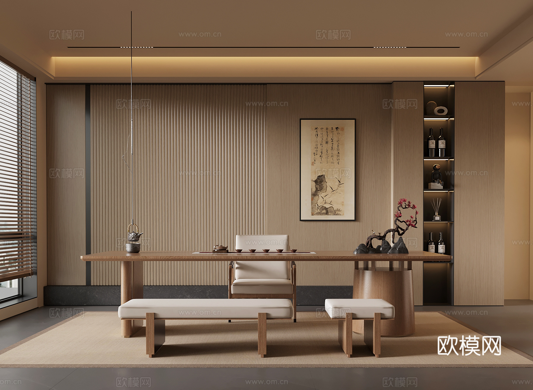 新中式茶室 茶柜 茶桌椅su模型
