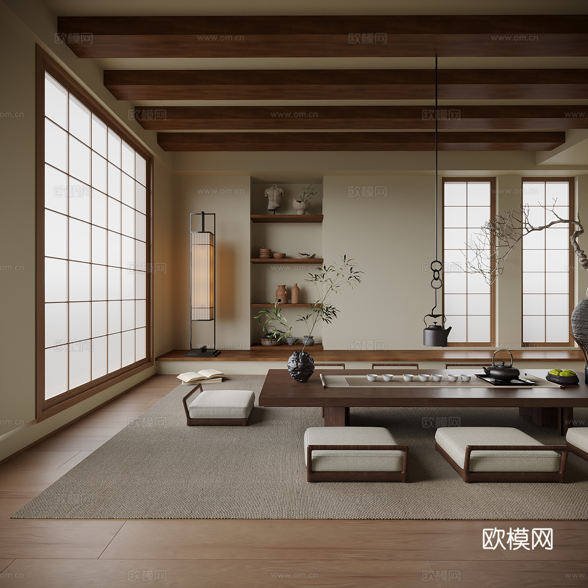 现代榻榻米茶室 榻榻米茶桌椅 茶具摆件 落地灯su模型