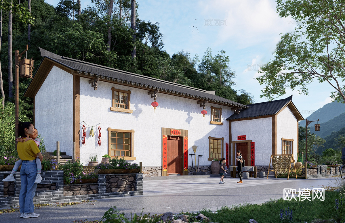 新中式乡村民房 民宿建筑su模型