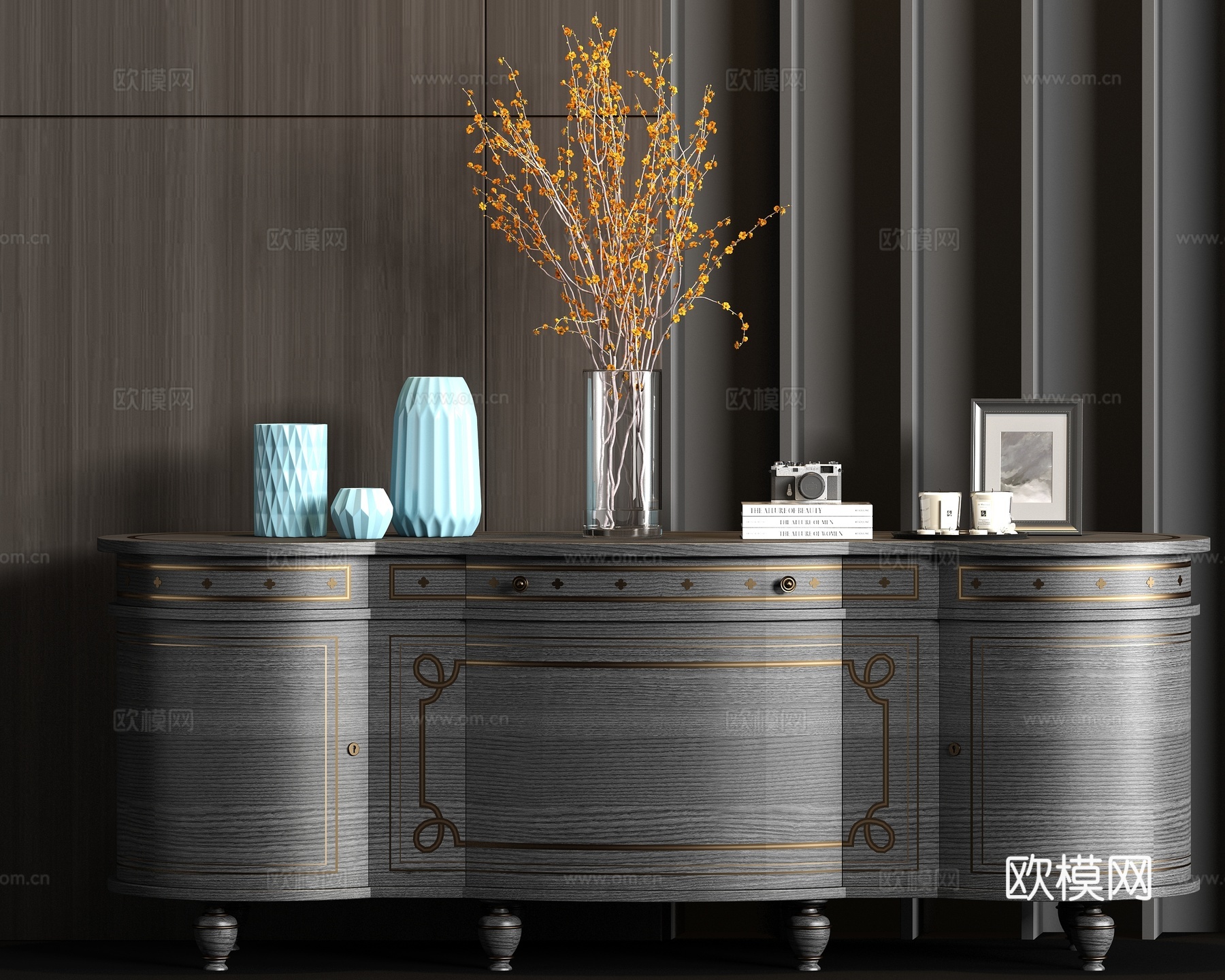 简欧实木端景柜饰品组合3d模型下载