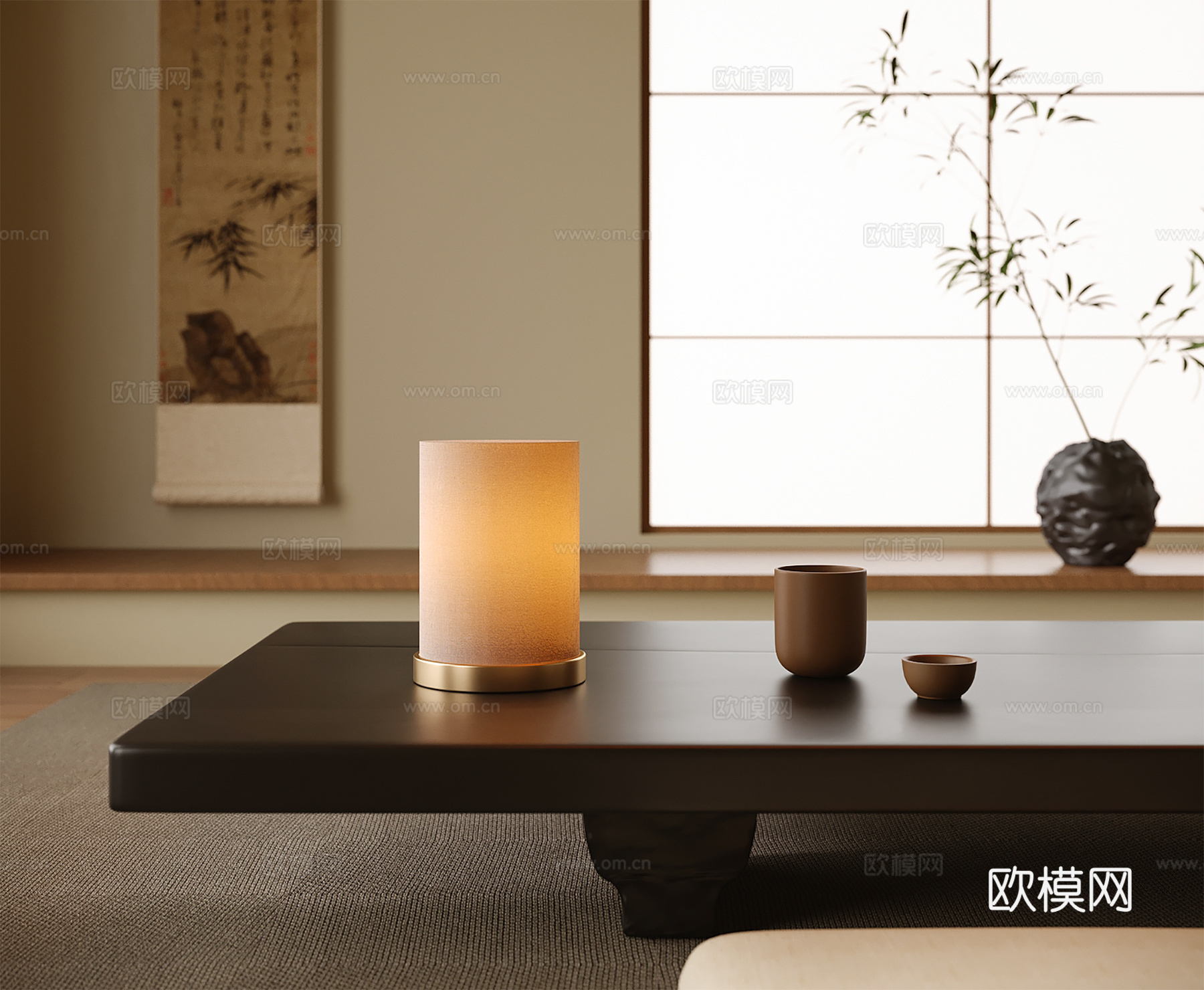 日式台灯 茶室 挂画 茶桌su模型