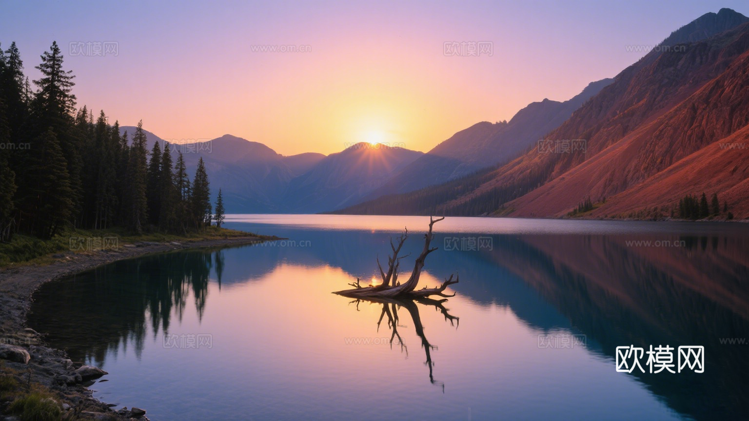 风景 黄昏 夕阳 湖面 山脉