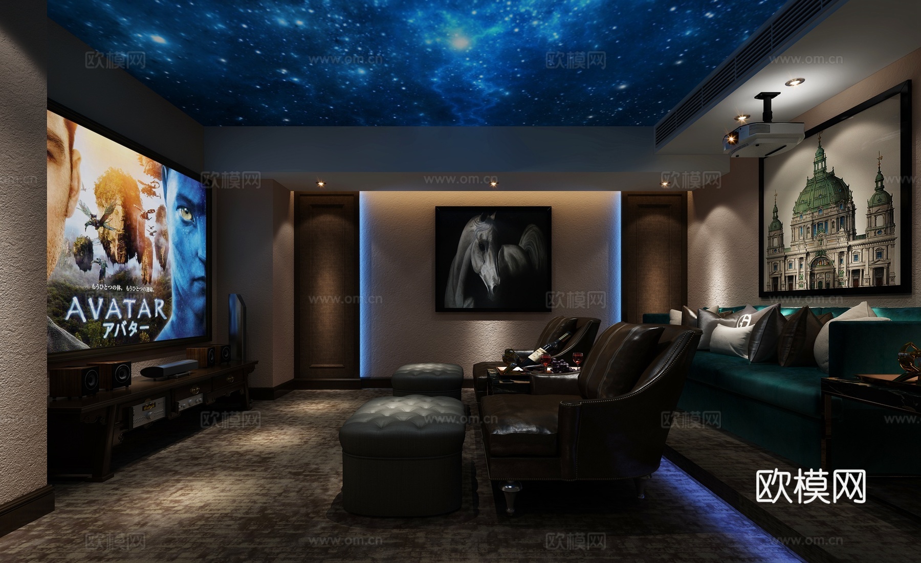 新古典奢华影音室 娱乐室 休息室 投影 沙发 电影沙发3d模型下载