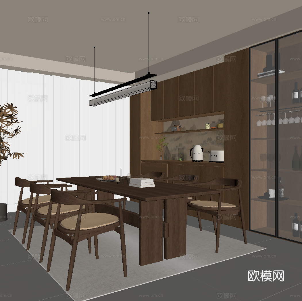 新中式餐厅 餐桌椅 备餐柜su模型
