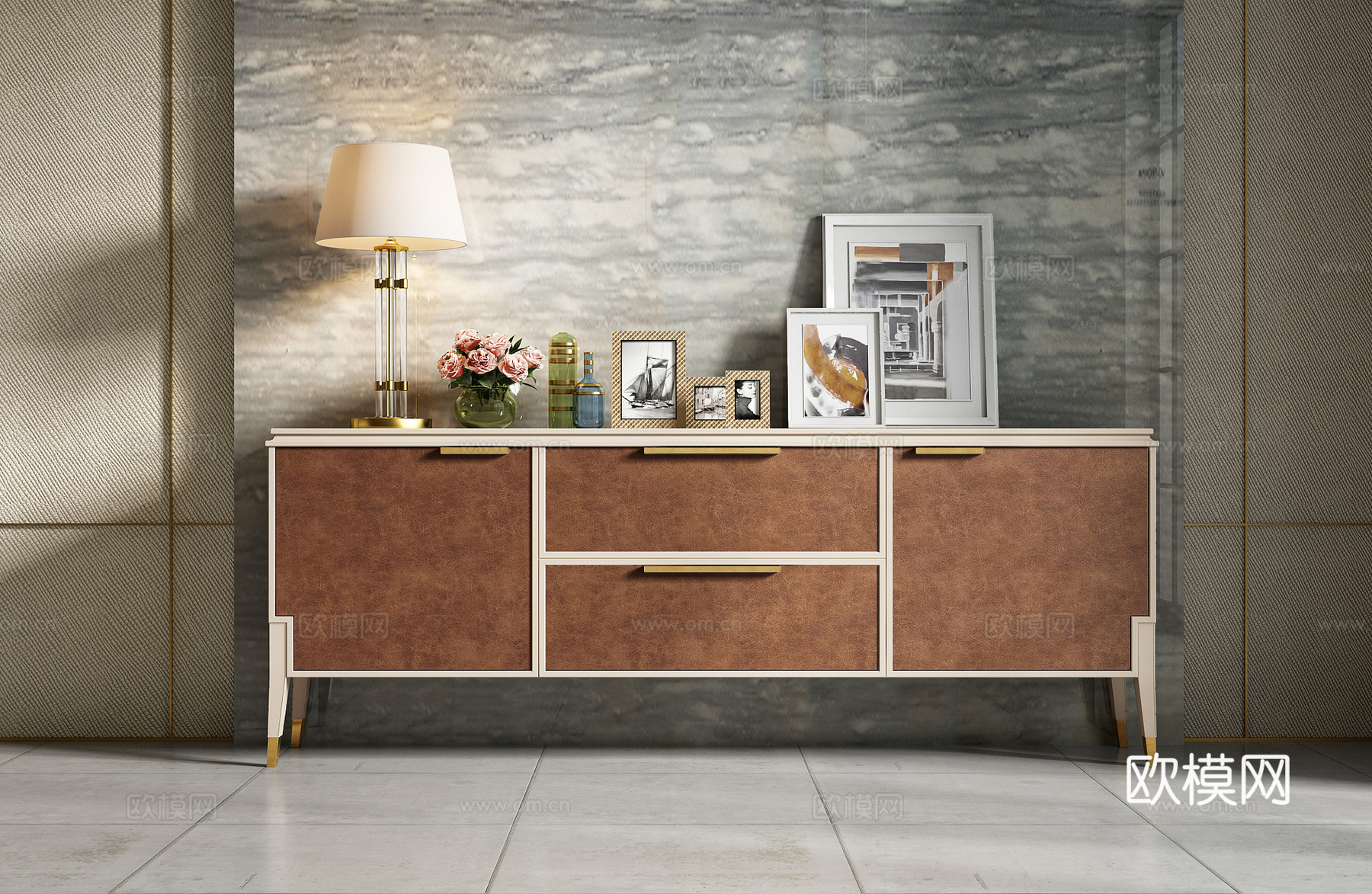 现代边柜 玄关柜玄关柜电视柜 挂画 相框 器皿台灯3d模型下载（渲染图1）