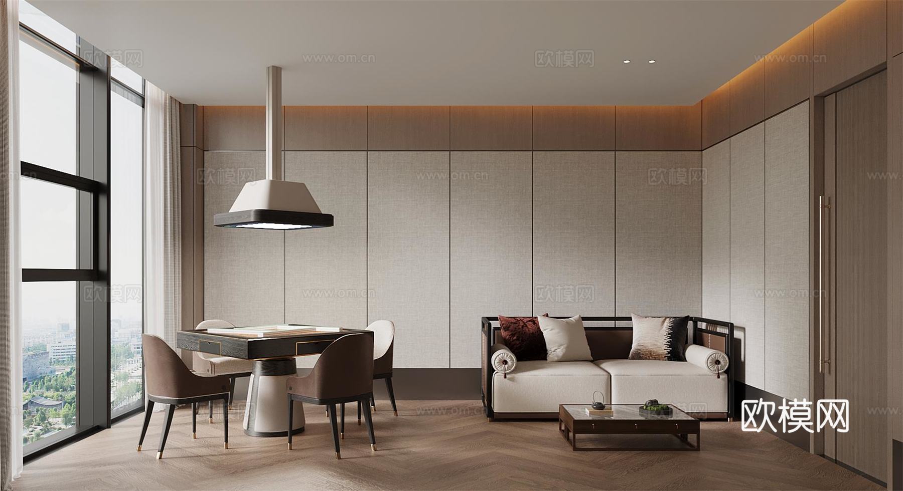 新中式棋牌室 麻将桌 沙发茶几3d模型下载