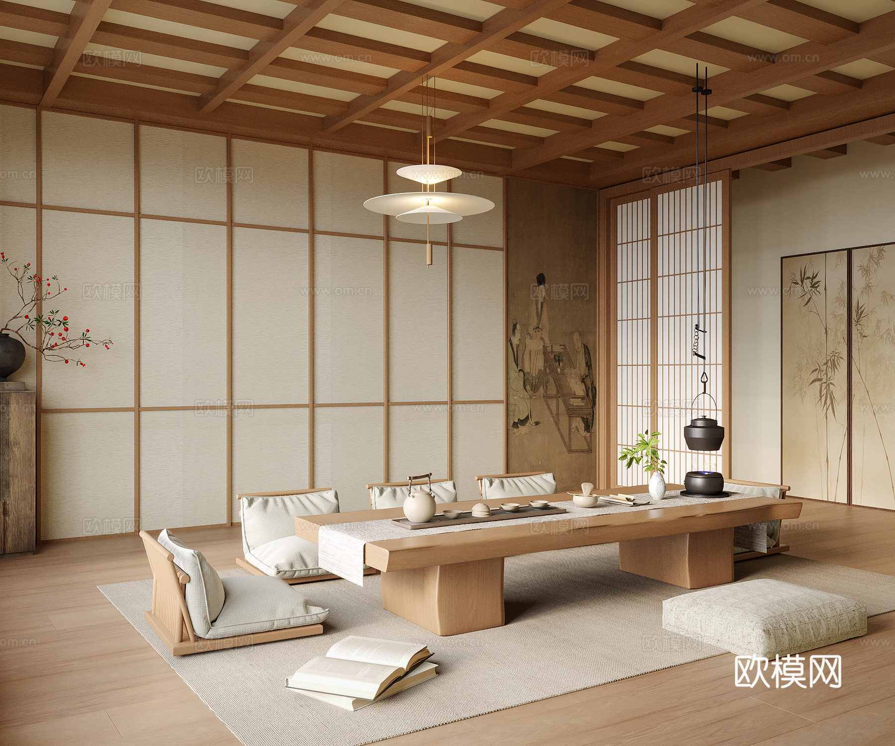 日式榻榻米茶室 榻榻米茶桌椅 茶椅 茶具摆件3d模型下载