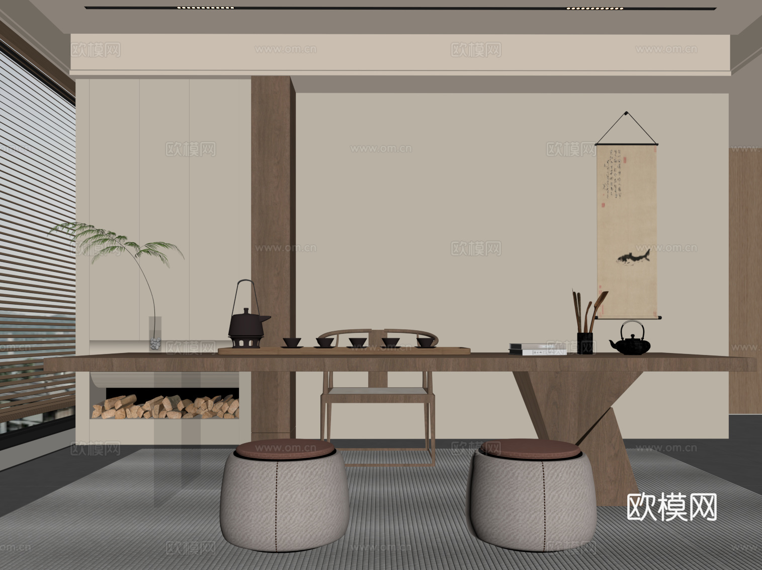 新中式茶室 茶桌椅su模型