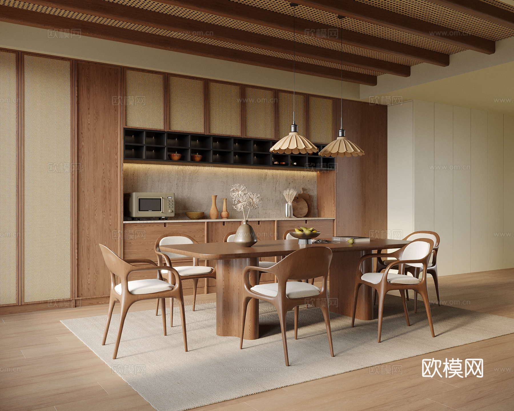 中古风餐厅 酒柜 餐边柜 餐桌椅3d模型下载