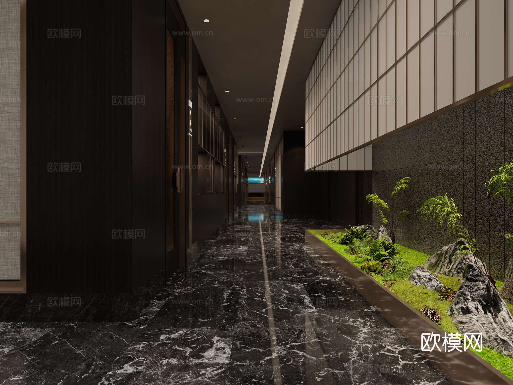 新中式过道餐厅过道景观造景3d模型下载（渲染图2）