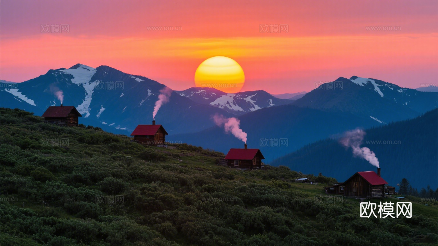 风景 黄昏 夕阳 山脉 雪山