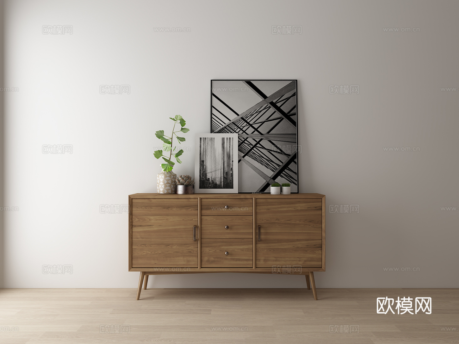 北欧现代 玄关柜 边柜 装饰柜 置物柜餐边柜 挂画 装饰3d模型下载（渲染图3）