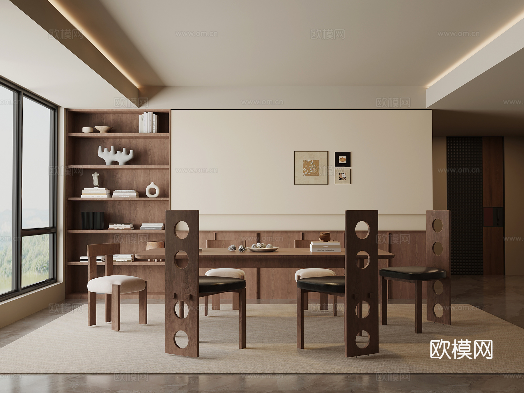 中古风餐厅 餐桌椅 背景墙su模型