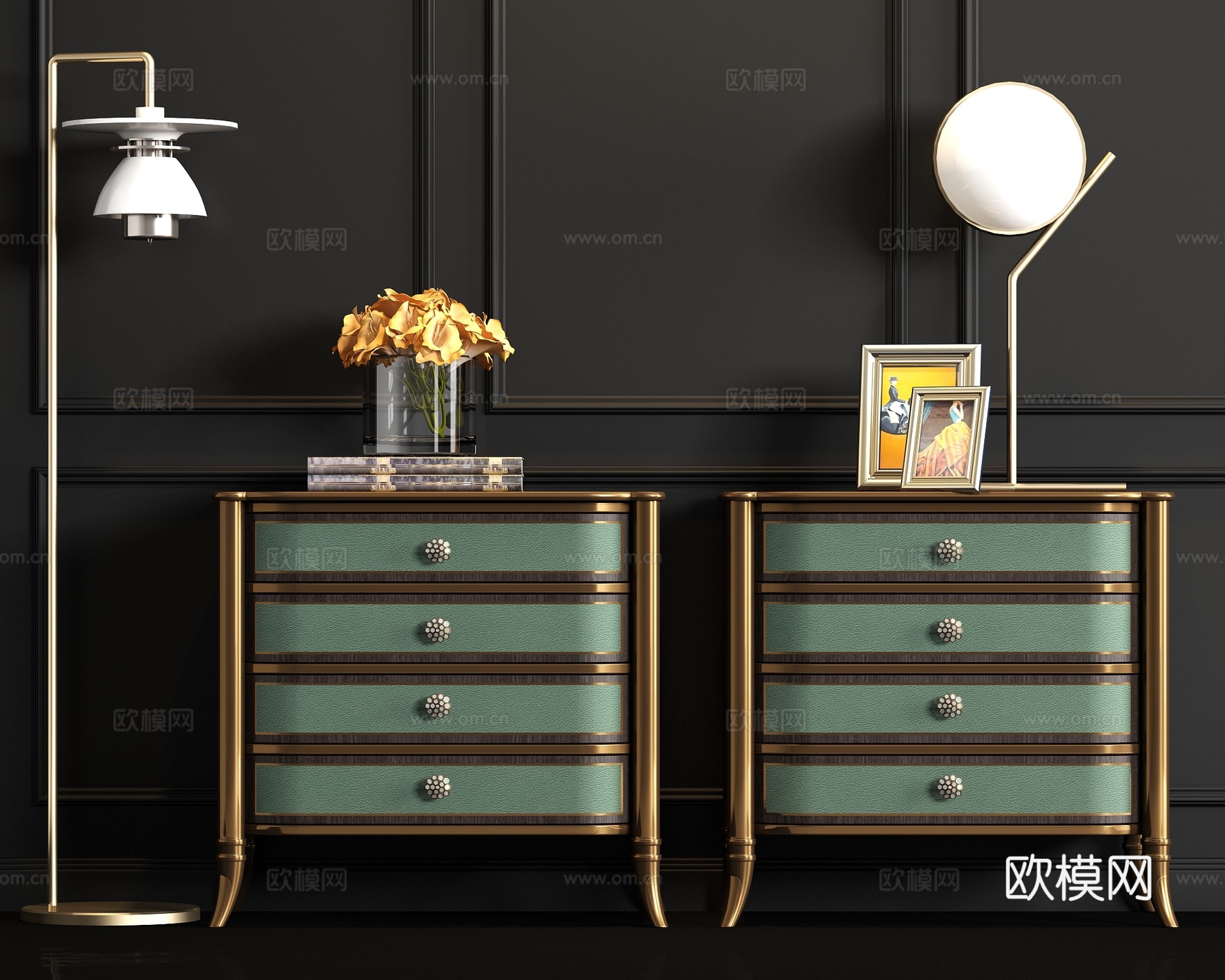 新中式金属皮革床头柜饰品组合3d模型下载
