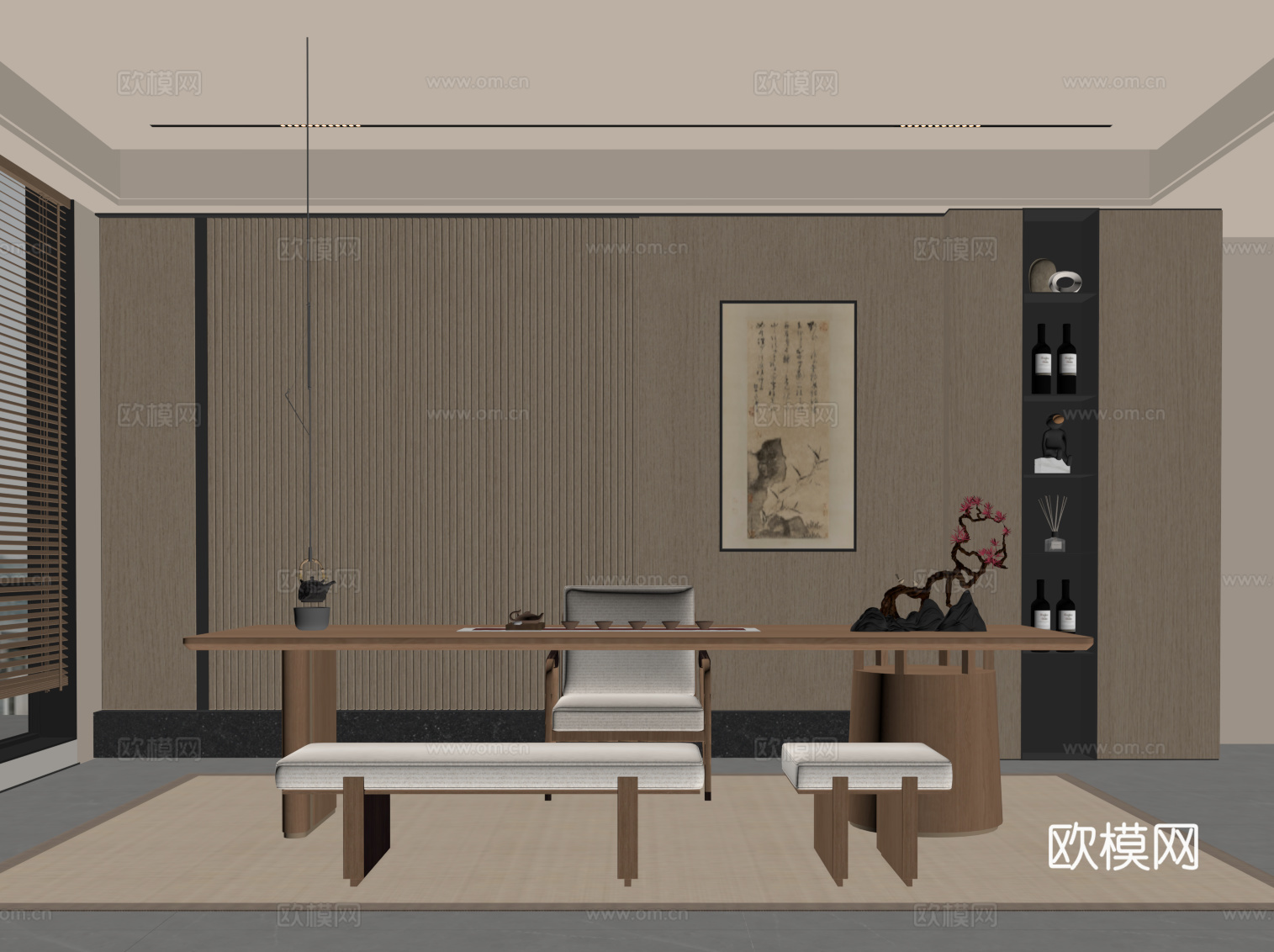 新中式茶室 茶柜 茶桌椅su模型