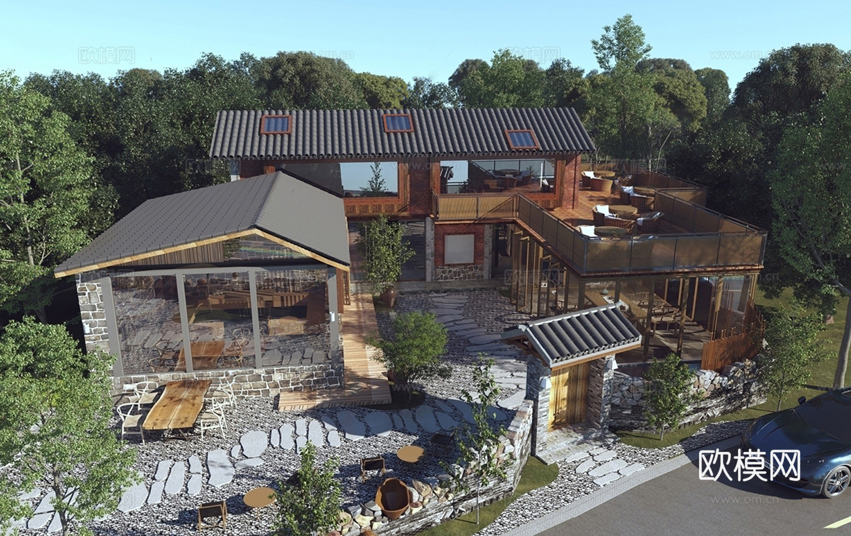 新中式民宿建筑 新中式民宿 户外自然景观su模型