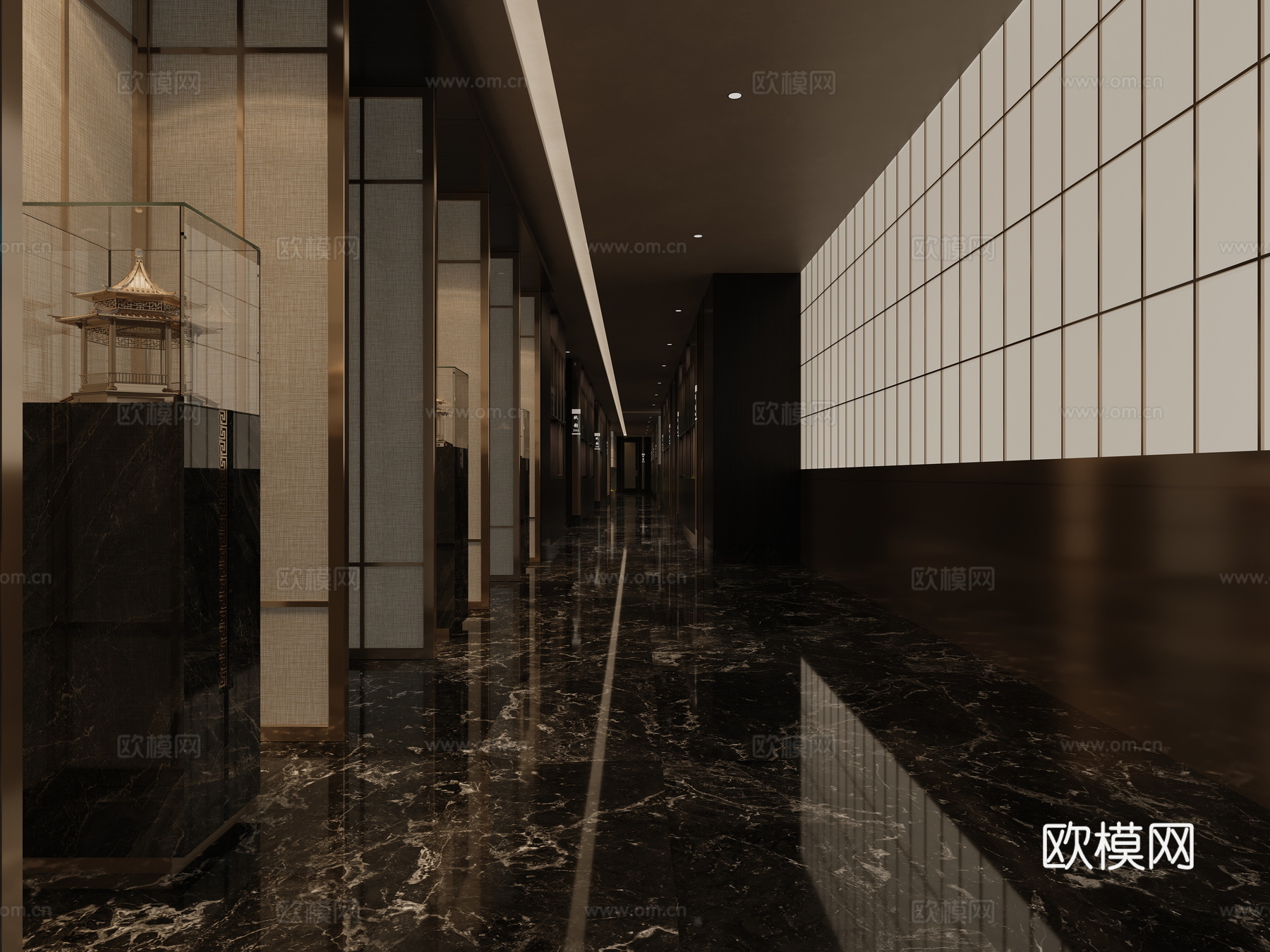 新中式过道餐厅过道景观造景3d模型下载（渲染图1）