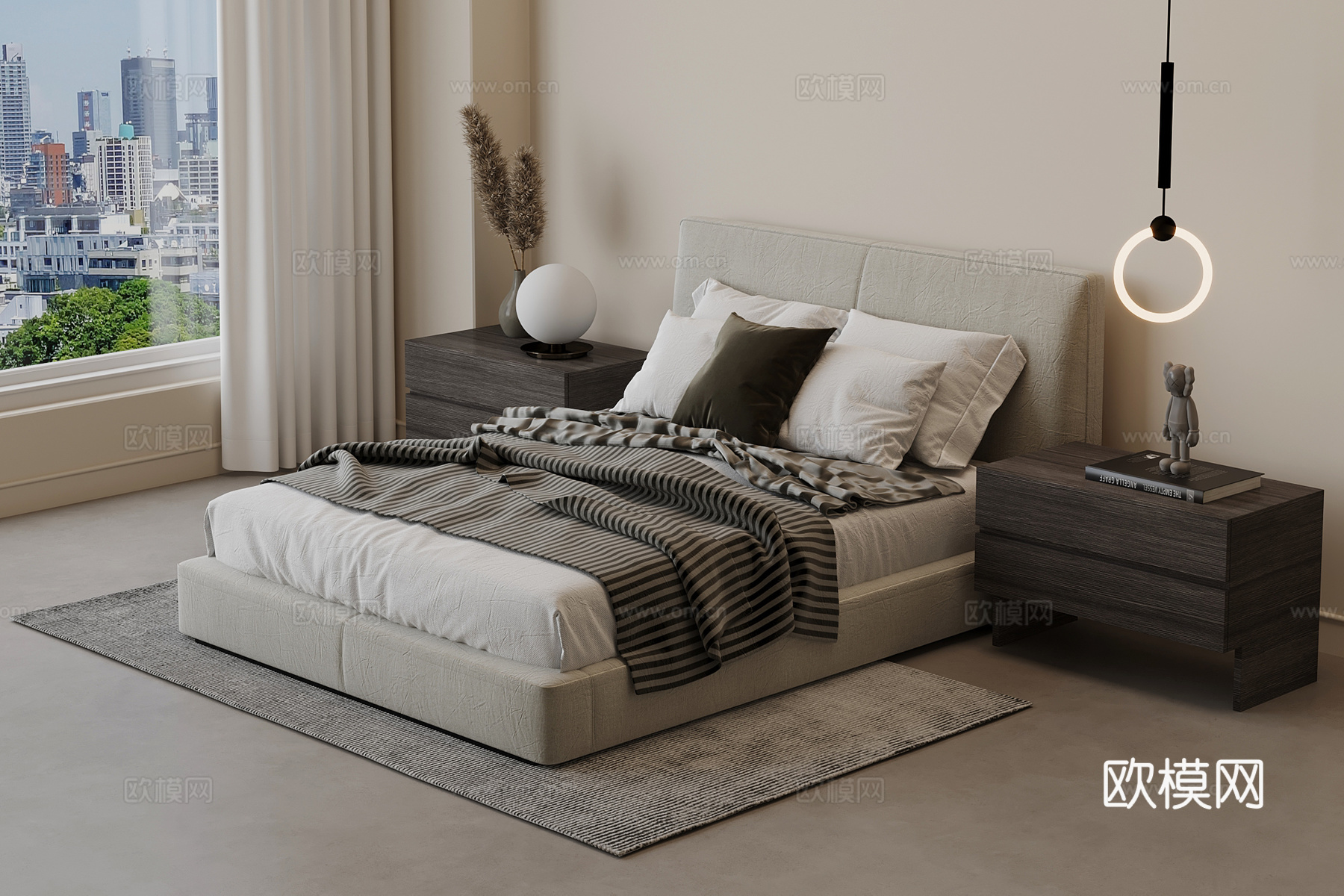 现代双人床 床头柜3d模型下载