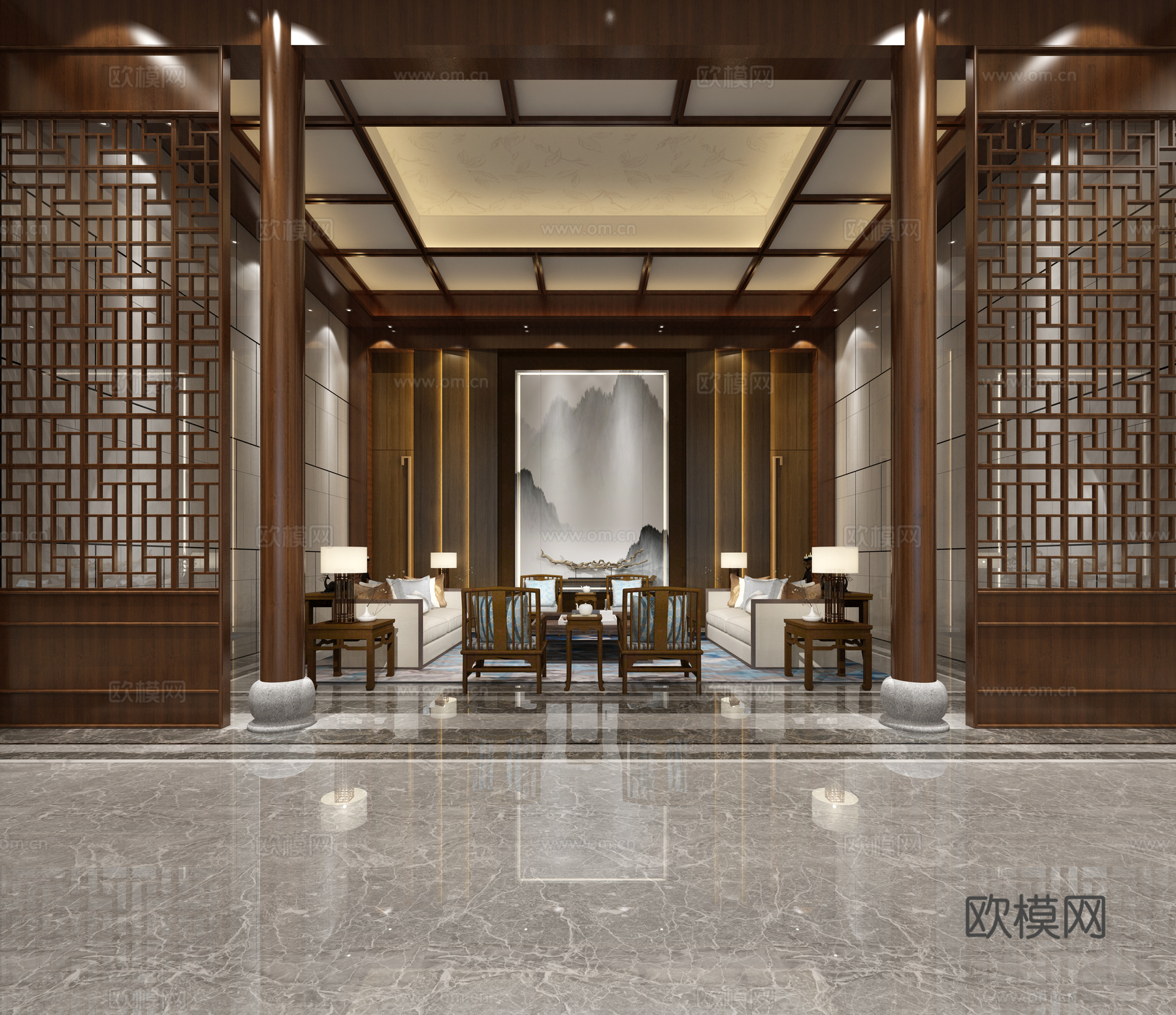 新中式中式风格的接待室3d模型下载