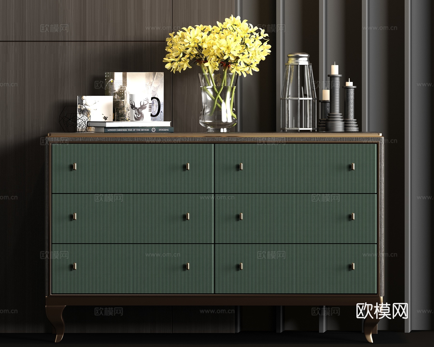 新中式皮革端景柜饰品组合3d模型下载