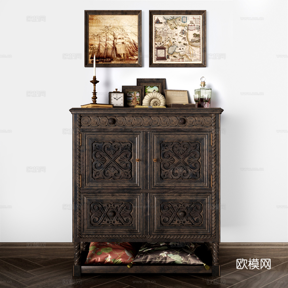 新古典抽屉柜古董柜饰品模型组合3d模型下载