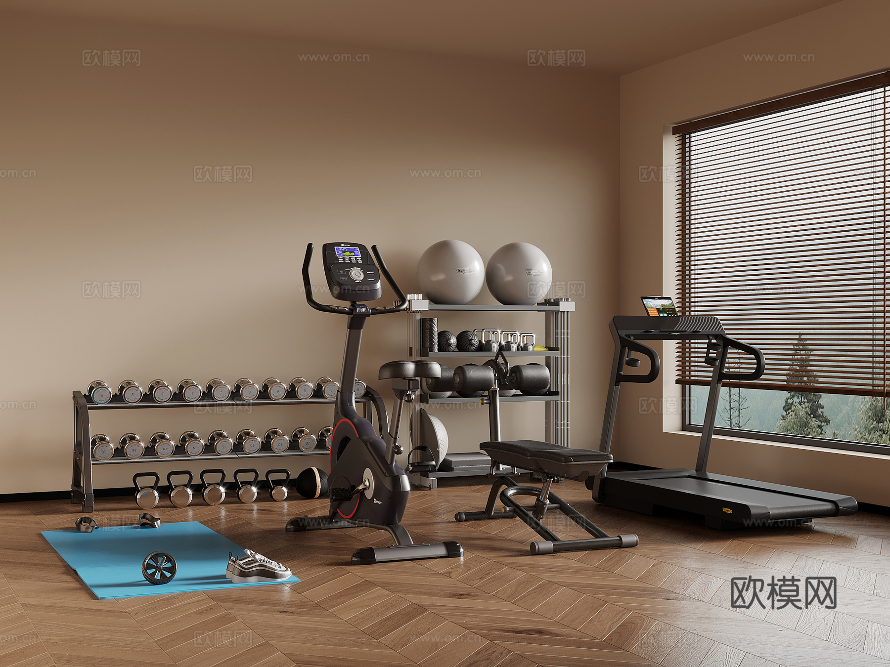 现代健身器材 运动器材 跑步机 动感单车 哑铃3d模型下载