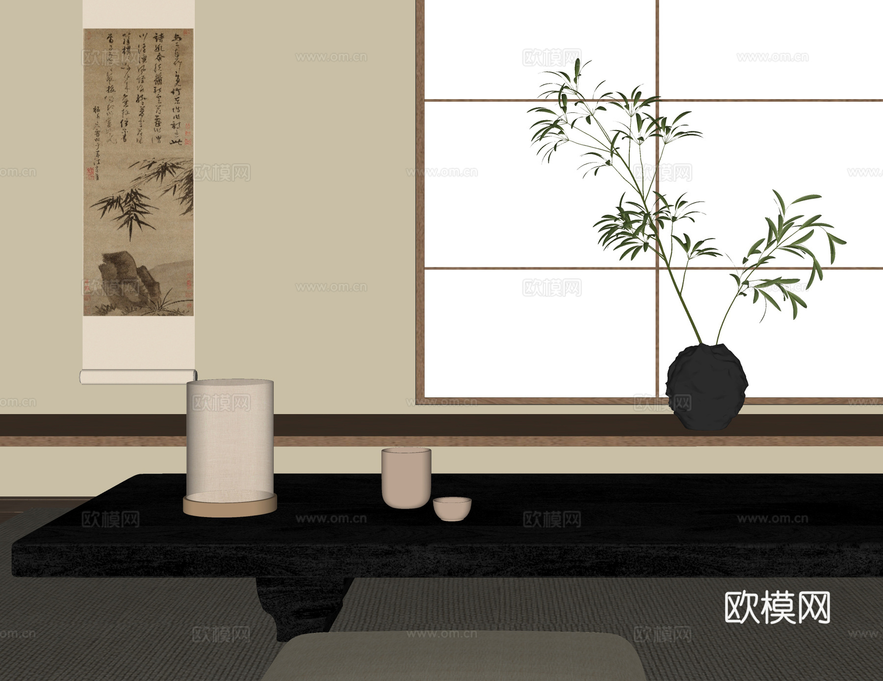 日式台灯 茶室 挂画 茶桌su模型