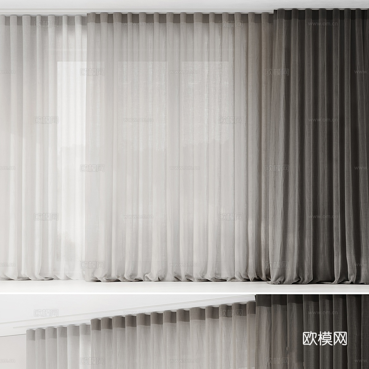 落地亚麻窗帘3d模型下载