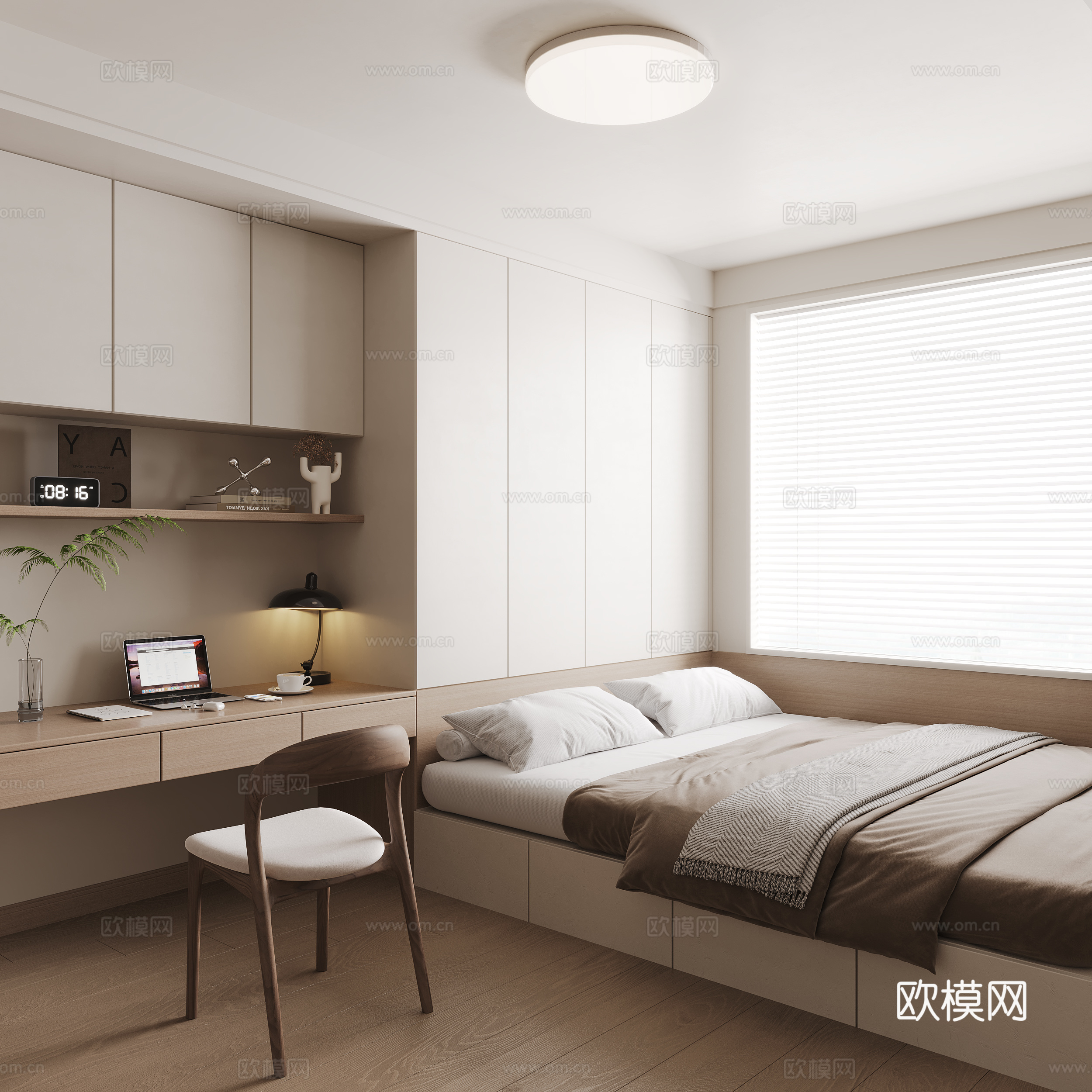 现代简约榻榻米卧室 书桌椅组合 电脑 台灯 摆件 吸顶灯3d模型