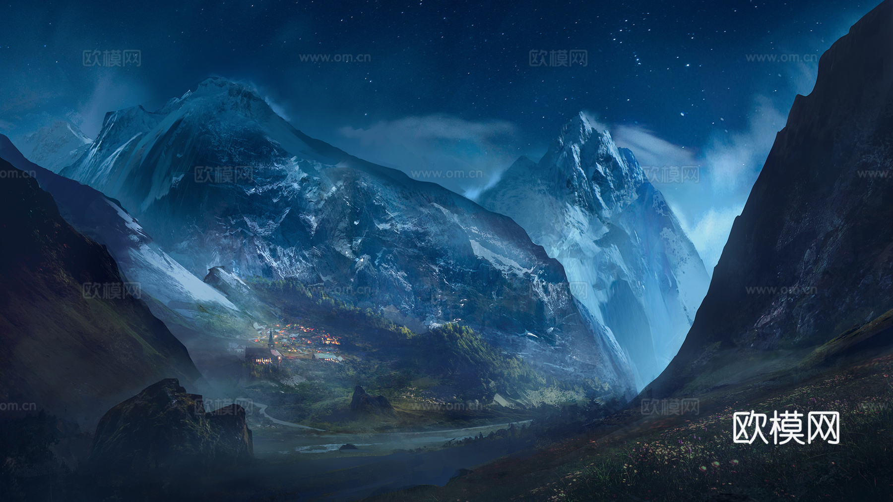 高山山谷夜晚星星风景