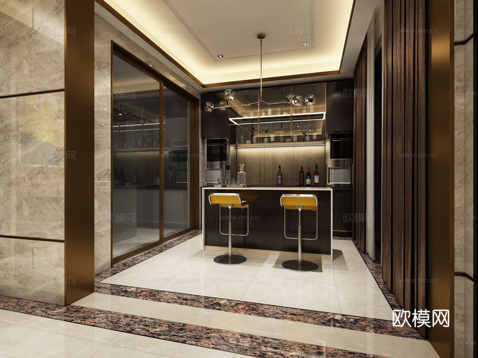 新中式 轻奢茶室 茶水室 饮水间 魔豆灯 北欧灯 吧凳 脚凳3d模型下载