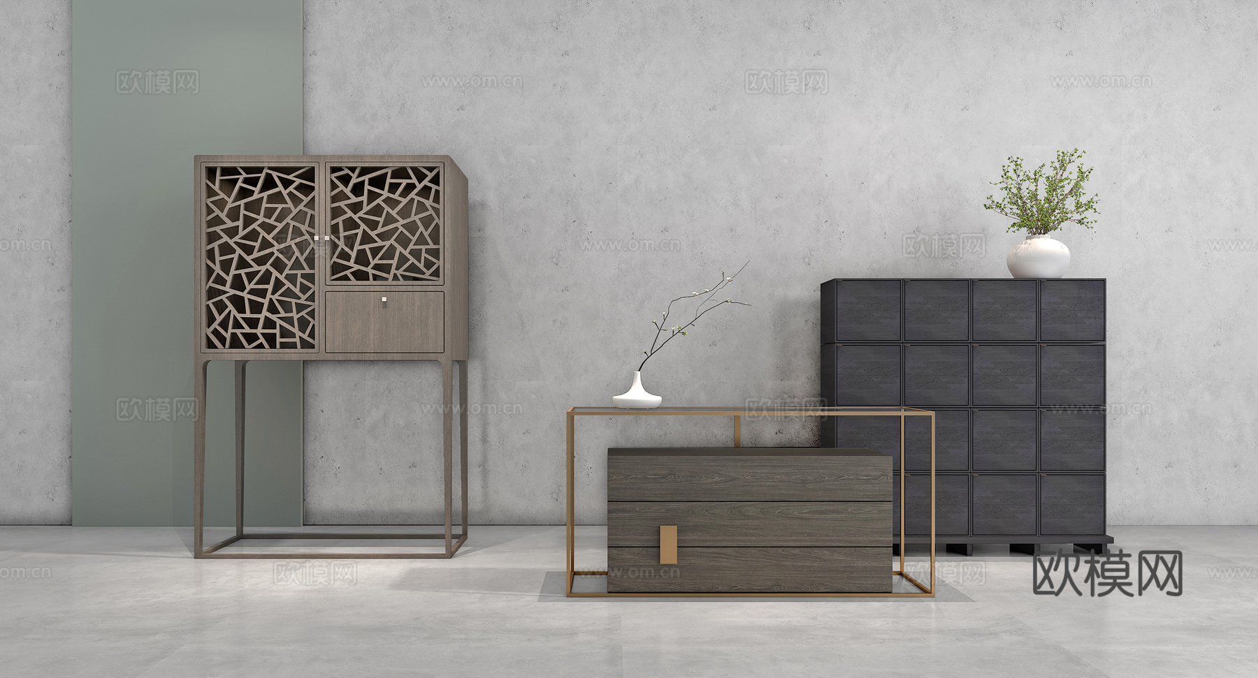新中式边柜组合3d模型下载