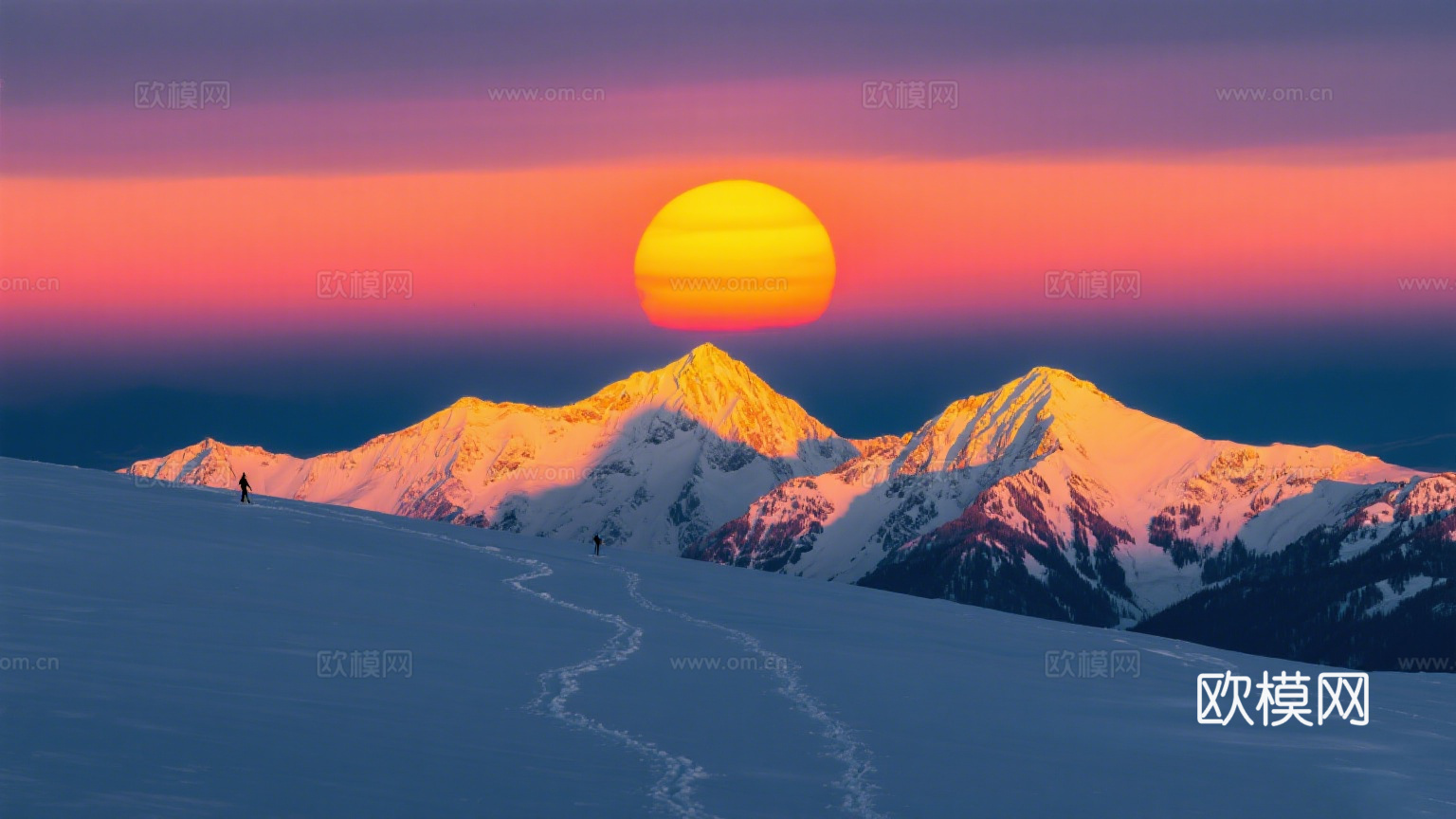 风景 黄昏 夕阳 山脉 雪山