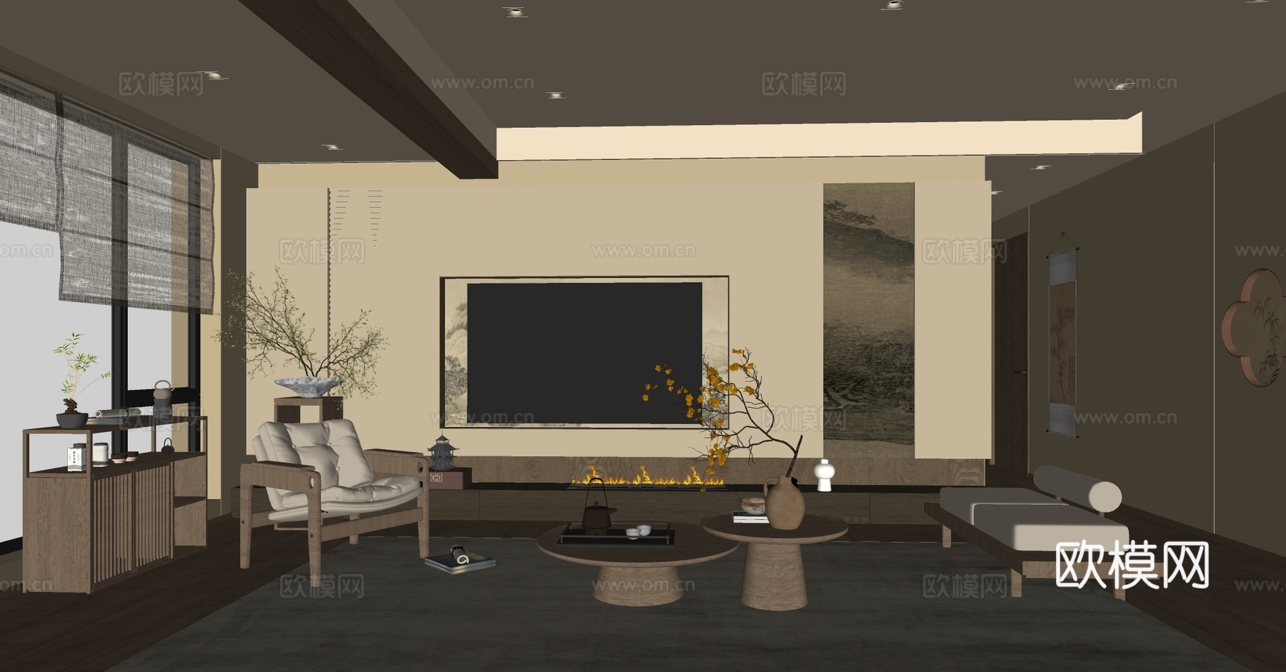 新中式禅意家居客厅 电视背景墙 宋式美学背景墙 客厅背景墙su模型