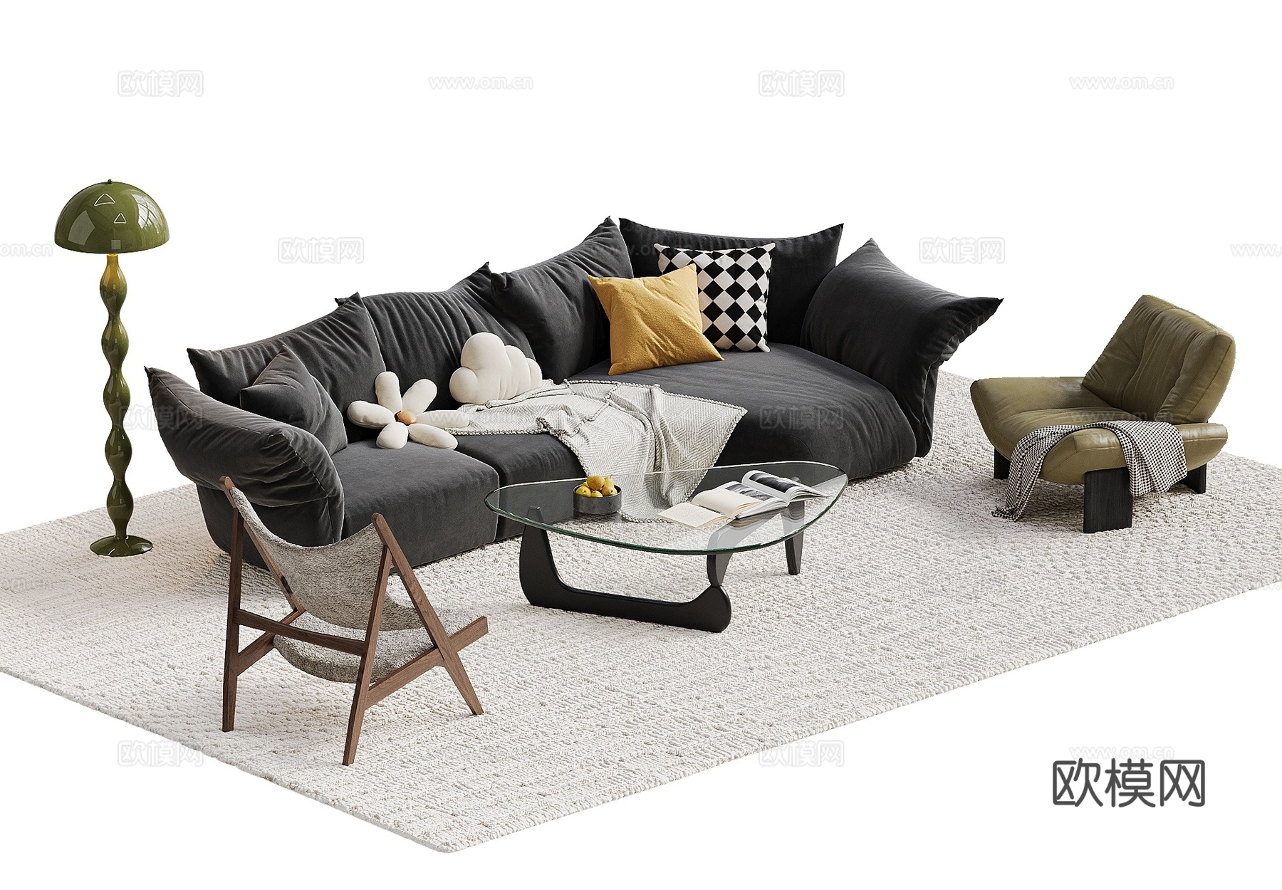 EDRA 现代法式花瓣沙发茶几组合 玻璃茶几 休闲椅 落地灯3d模型下载