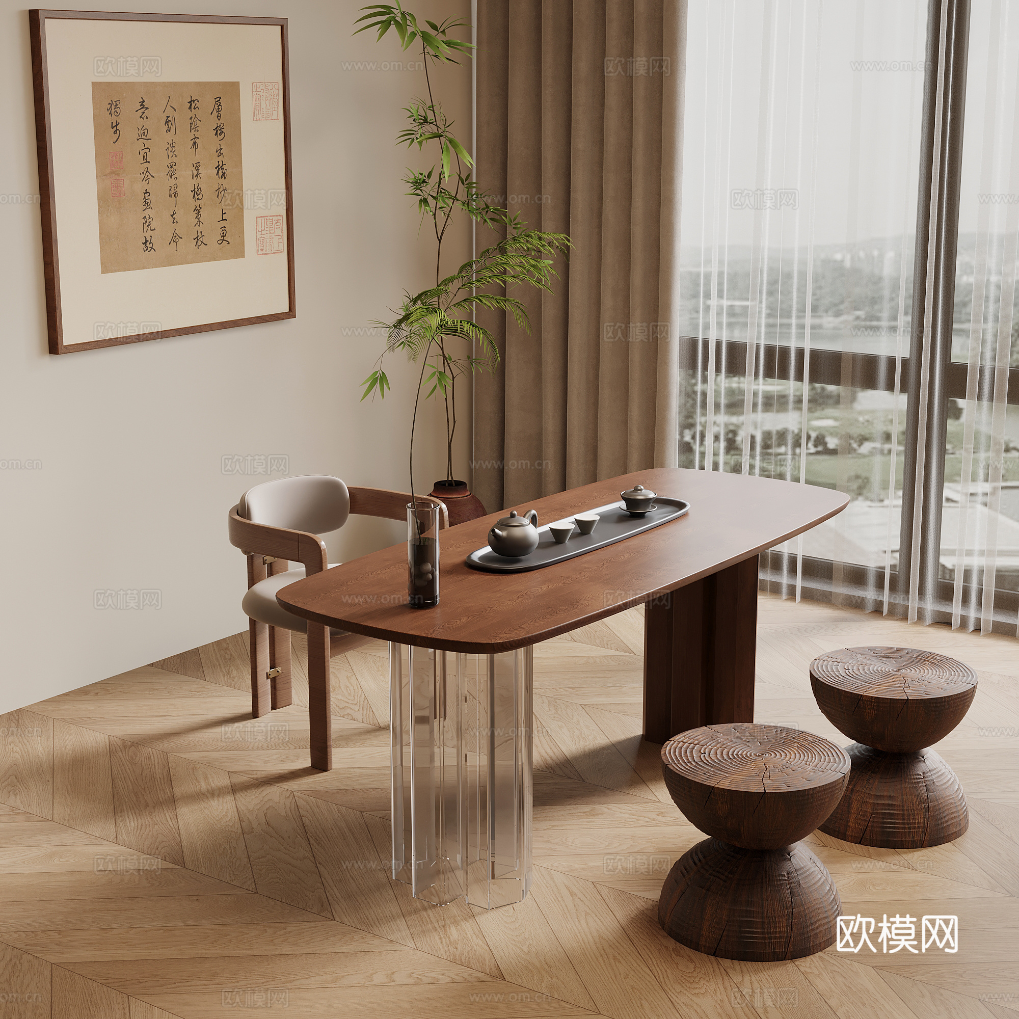 中古风茶桌椅 小茶台su模型